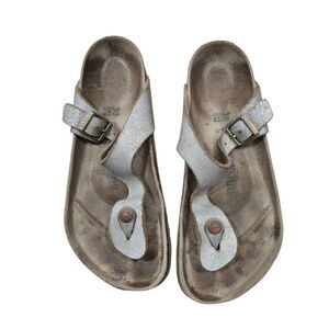 Birkenstock Flip‎ Flop Sandals Women's 38 Silver Slip On Buckle Strap Open Toe